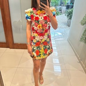 Flower print dress with stitched flowers and beads.